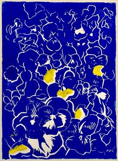 "Pansy Flowers (Pensées)" -  Blue and Gold Linocut Still-life Print, 2024