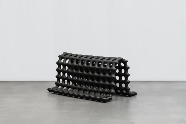 Grid bench by HWE
Limited Edition
Materials: Waste SLS 3D nylon powder, sand from sustainable sources
Dimensions: H 49 x W 100 x D 67 cm
Colours: black, white

Hot Wire Extensions is a young sustainable design brand, presenting a bold