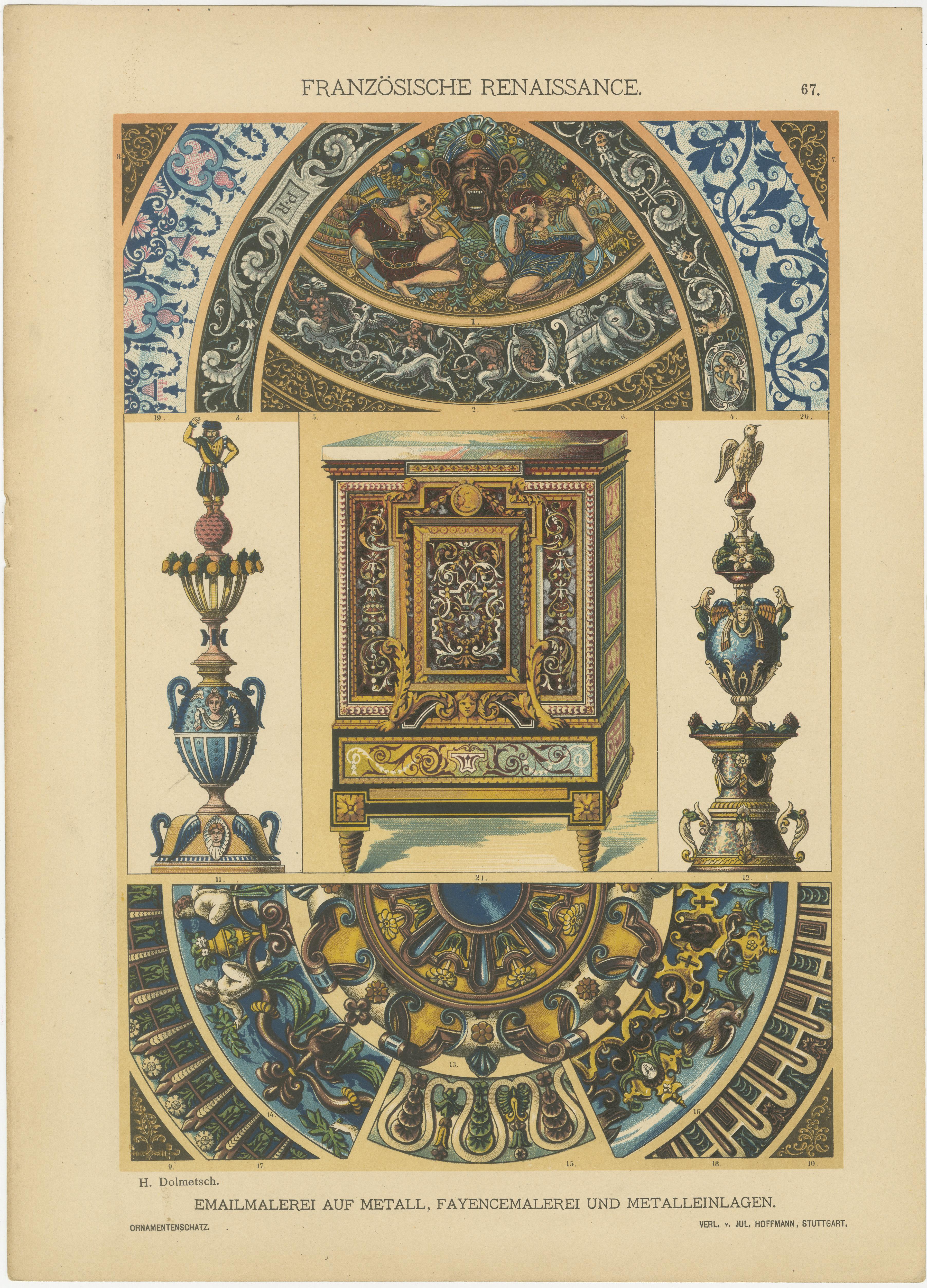 Titel: Raster der französischen Artistik der Renaissance, 1887

Beschreibung:
Diese Zusammenstellung enthält neun Drucke aus der französischen Renaissance, die die komplizierten typografischen Verzierungen, Modelldrucke, Wandteppiche und
