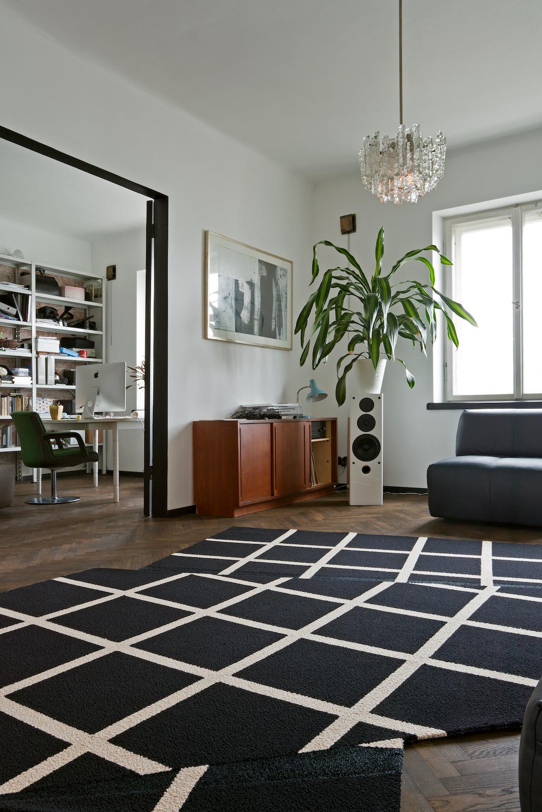 Modern Grid Rug Wool Silk Black White Johanna Ulfsak Contemporary Design, Nepal, 2021