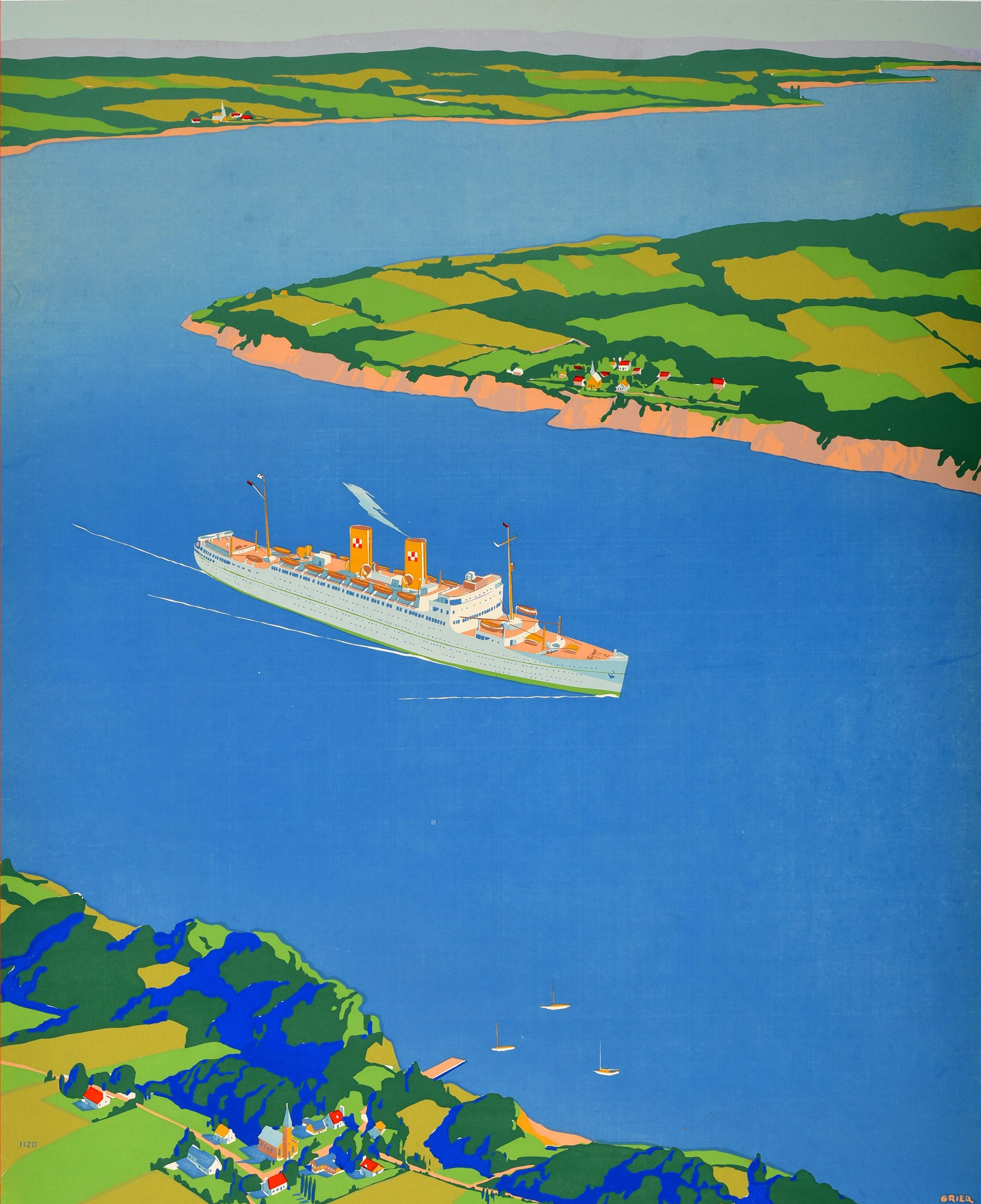 Original vintage cruise travel poster for The St Lawrence Route to Europe issued by Canadian Pacific featuring a great image viewed from above of an ocean liner sailing along a scenic river passing three sailing boats with villages, trees and fields