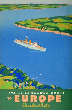 Affiche vintage d'origine de St Lawrence Route To Europe, navire à vapeur Pacifique canadien