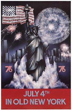 Original "July 4th in Old New York" Bicentennial Retro poster  1976