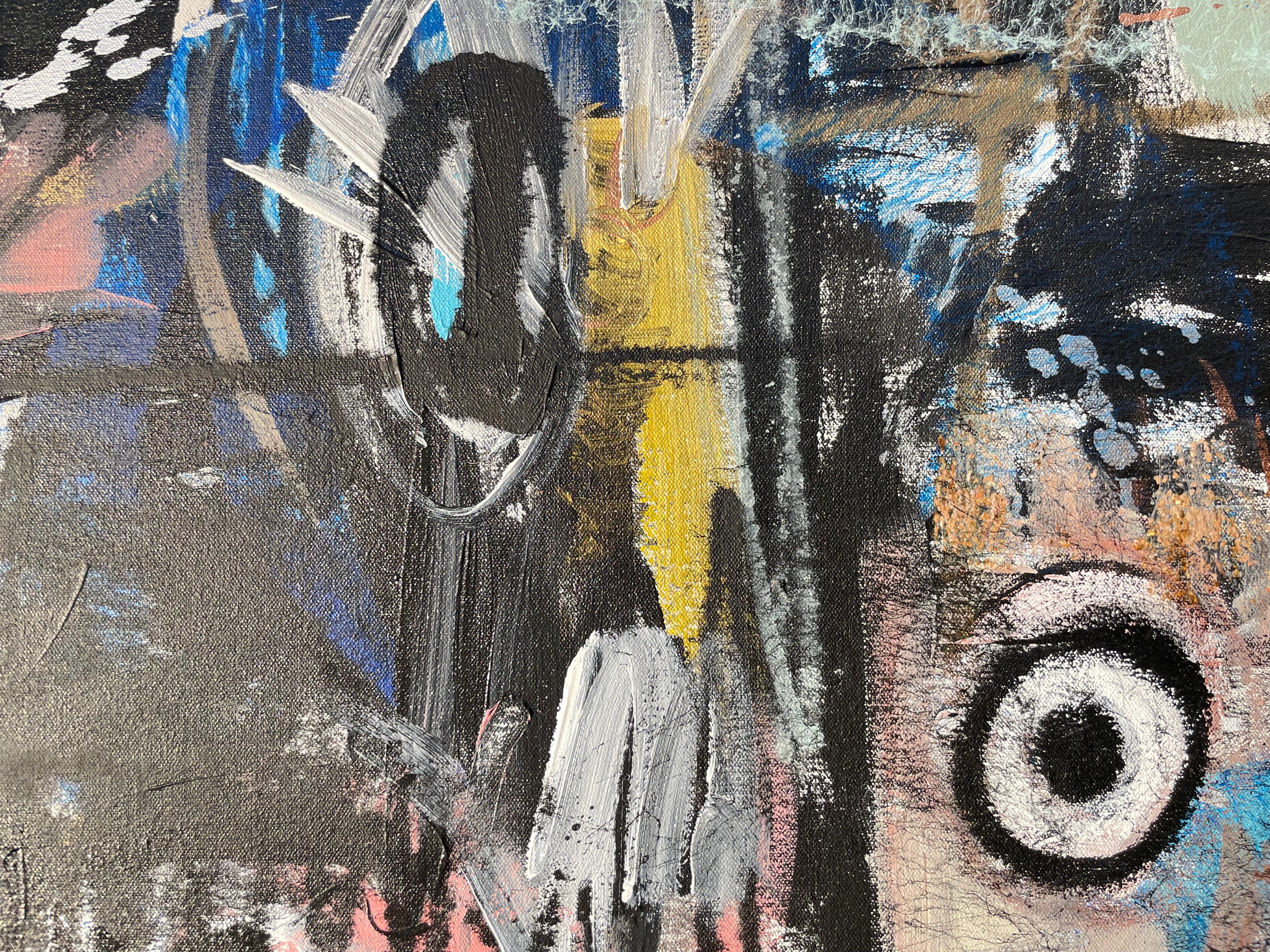 9th Realm (2022) is a captivating mixed media portrait by Griff Cowan that explores emotional intensity through powerful visual contrasts. Using acrylic, aerosol, oil stick, streaker, and paper on canvas, Cowan constructs a striking composition