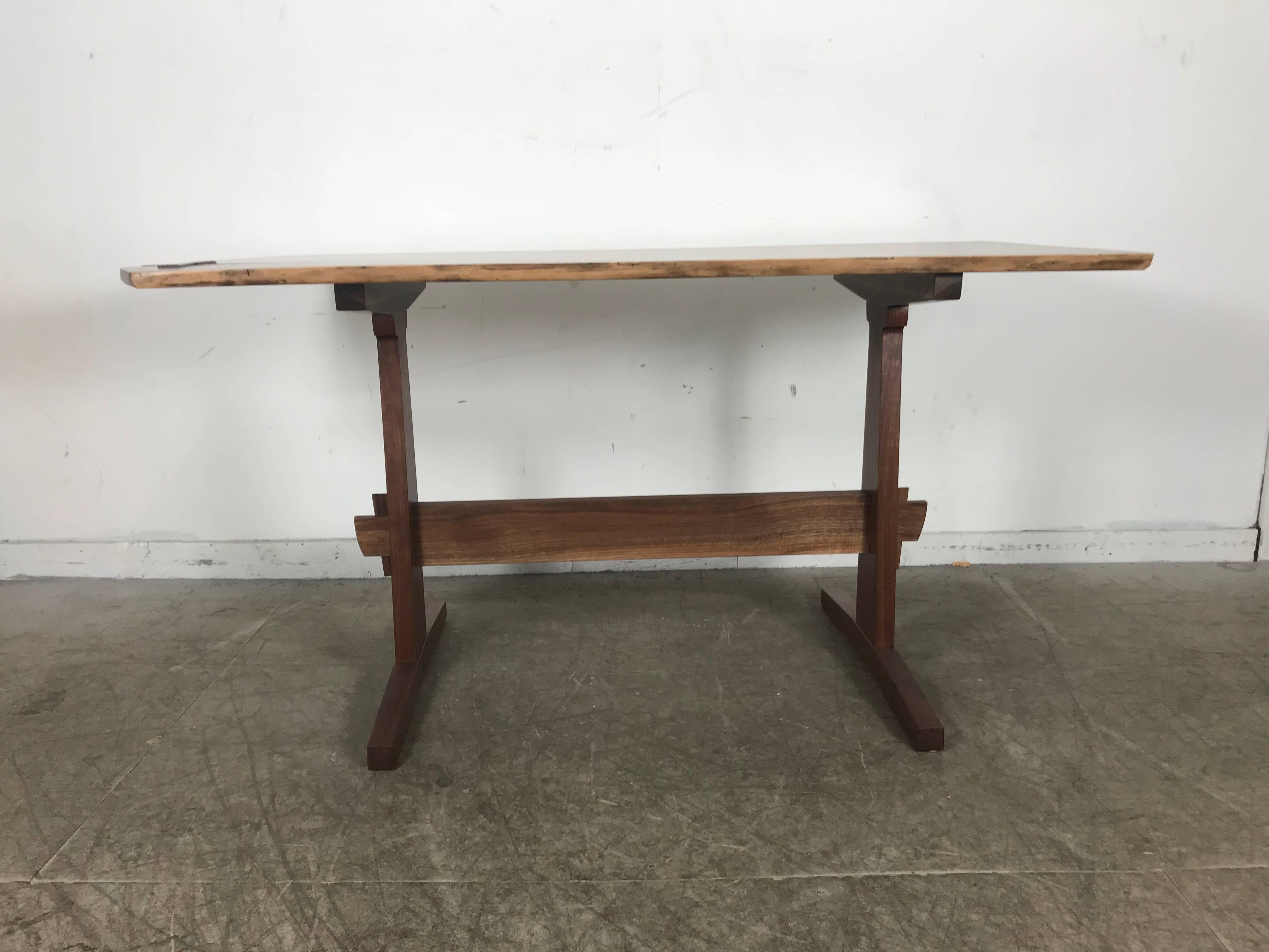Griff Logan workshop studio bench made free edge table or desk, solid walnut wood. Superior quality and construction, butterfly joint, mortis and tenon base construction in the manner of George Nakashima, stunning, hand delivery avail to New York