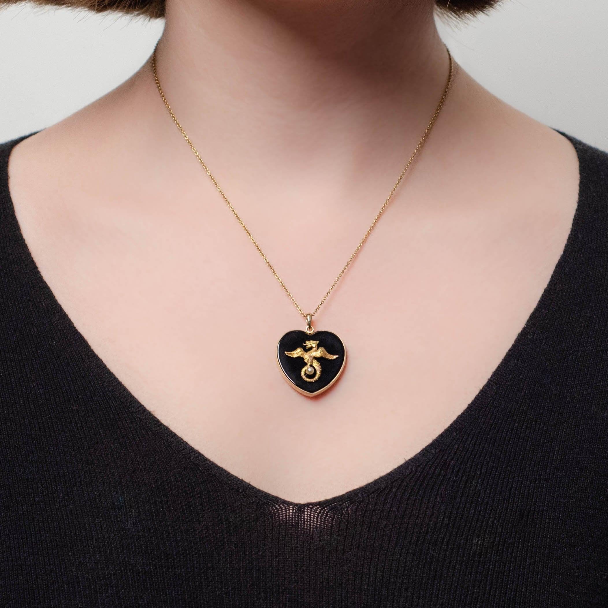 Women's Griffin and Onyx Heart Conversion Necklace of 14k Gold For Sale