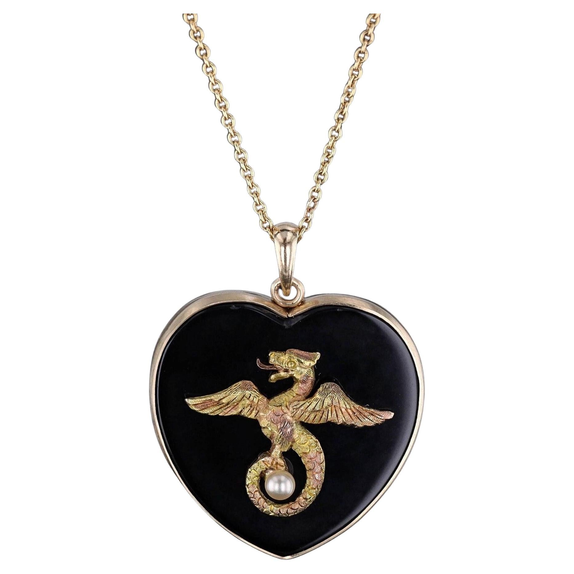 Griffin and Onyx Heart Conversion Necklace of 14k Gold