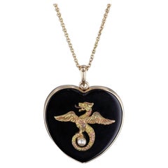 Antique Griffin and Onyx Heart Conversion Necklace of 14k Gold