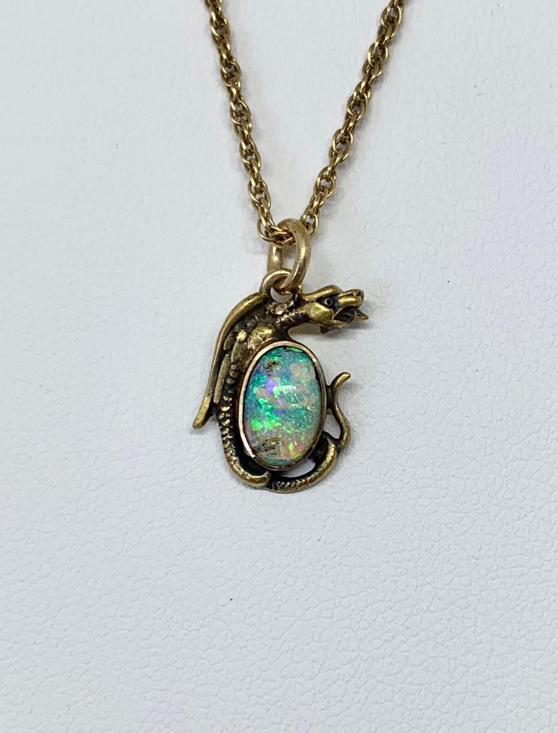 Belle Époque Griffin Dragon Black Opal Pendant Necklace Antique Belle Epoque 14 Karat Gold For Sale
