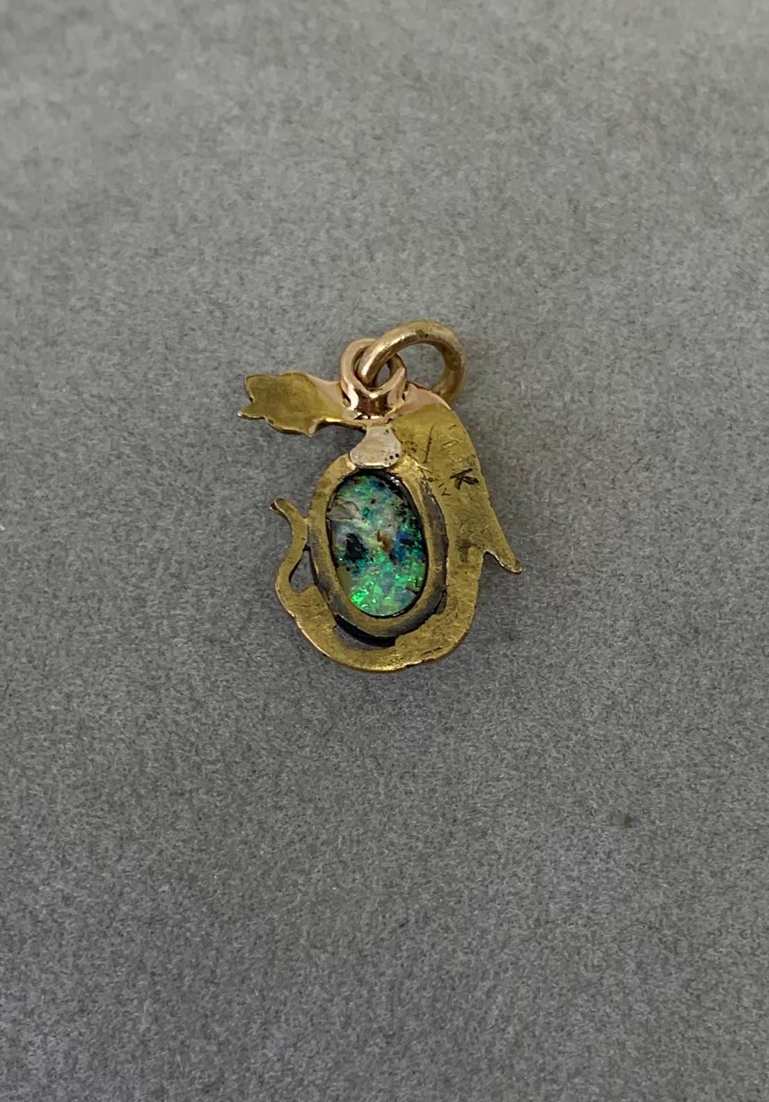 Griffin Dragon Black Opal Pendant Necklace Antique Belle Epoque 14 Karat Gold In Good Condition For Sale In New York, NY