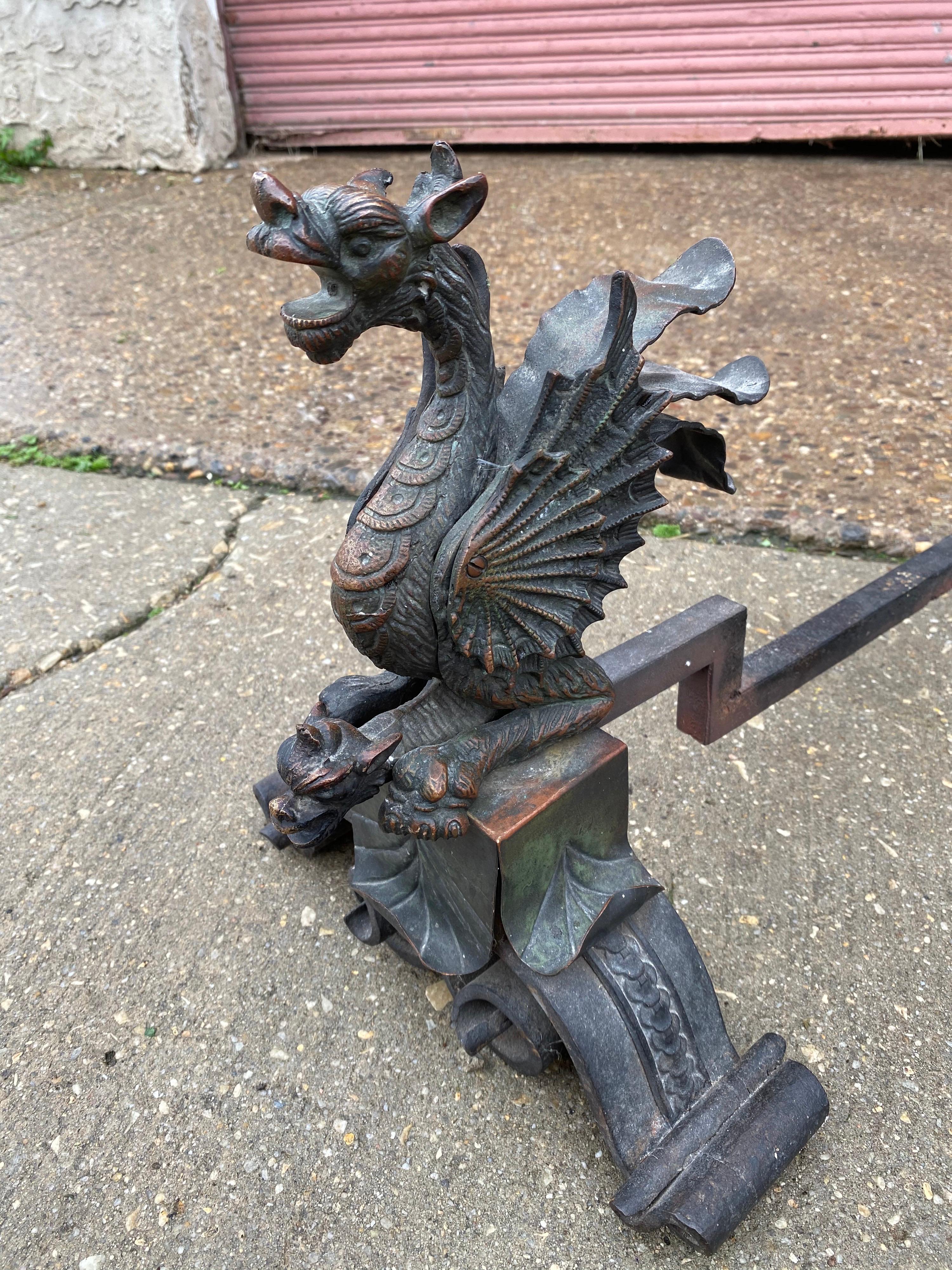 Early Victorian Griffin/ Dragon Bronze Andirons