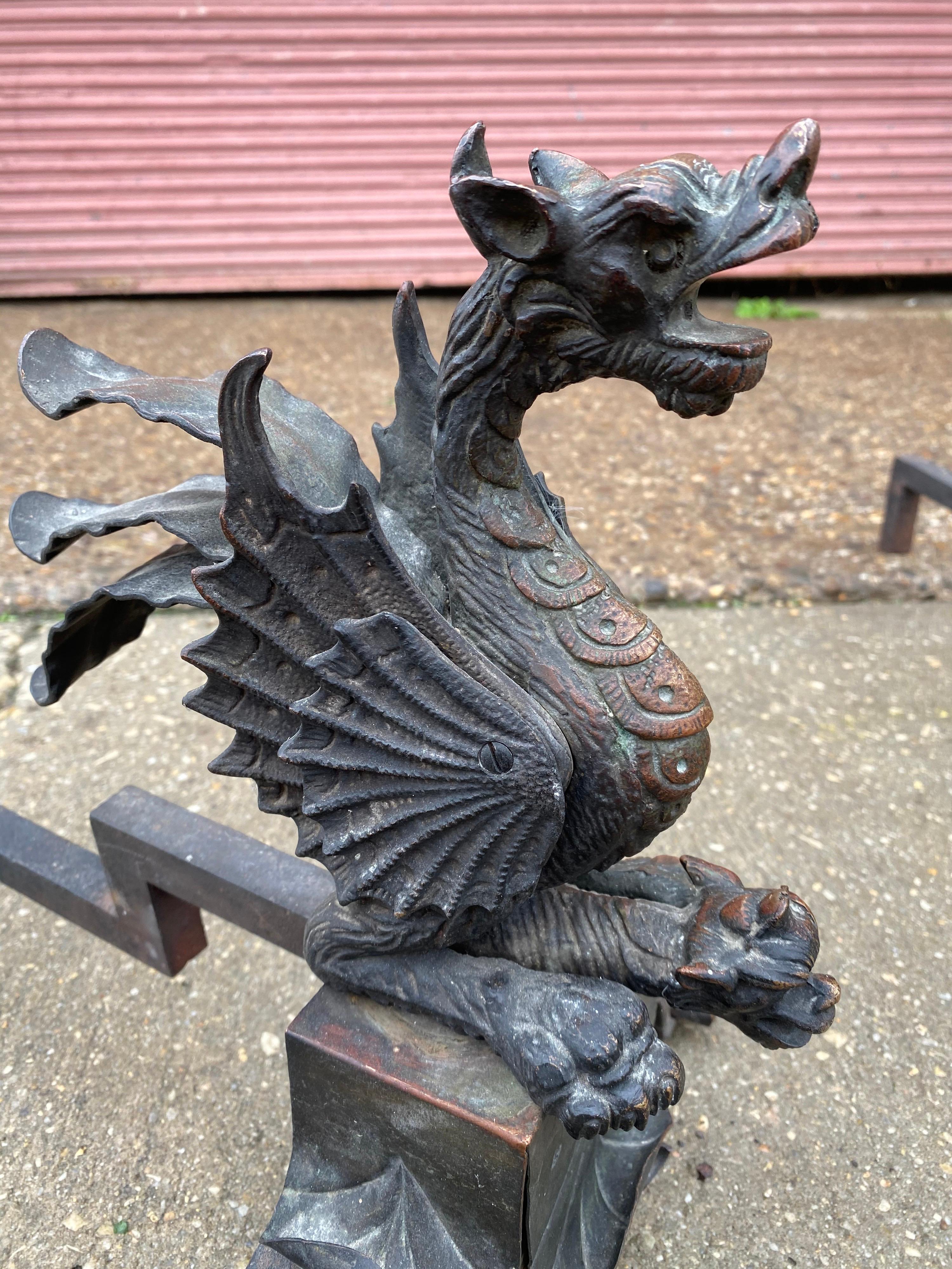 Griffin/ Dragon Bronze Andirons In Good Condition In Philadelphia, PA