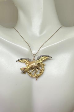 Griffin Dragon Chimera Rose Cut Diamond Ruby Pendant Necklace 18K Gold Antique