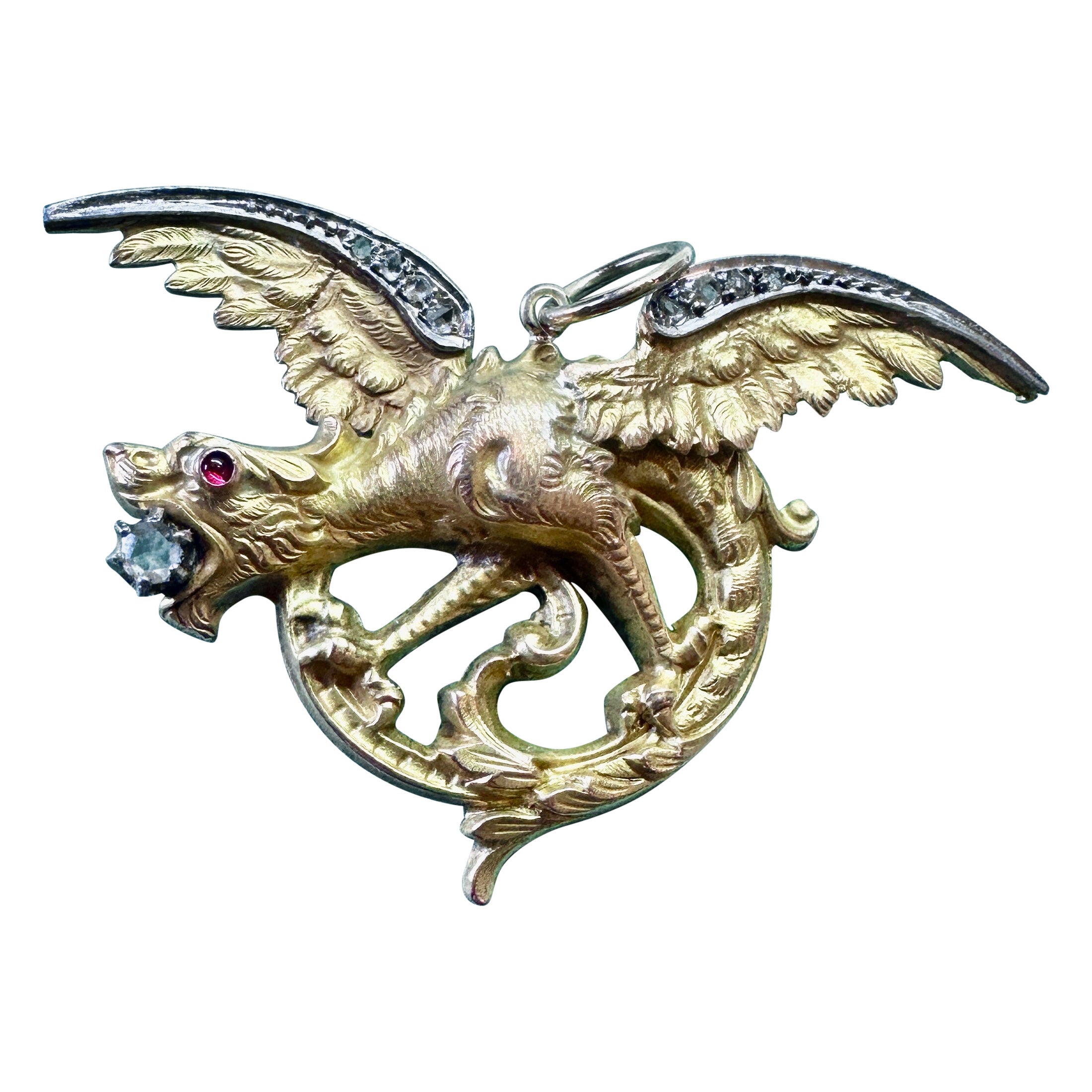 Griffin Dragon Chimera Rose Cut Diamond Ruby Pendant Necklace 18K Gold Antique