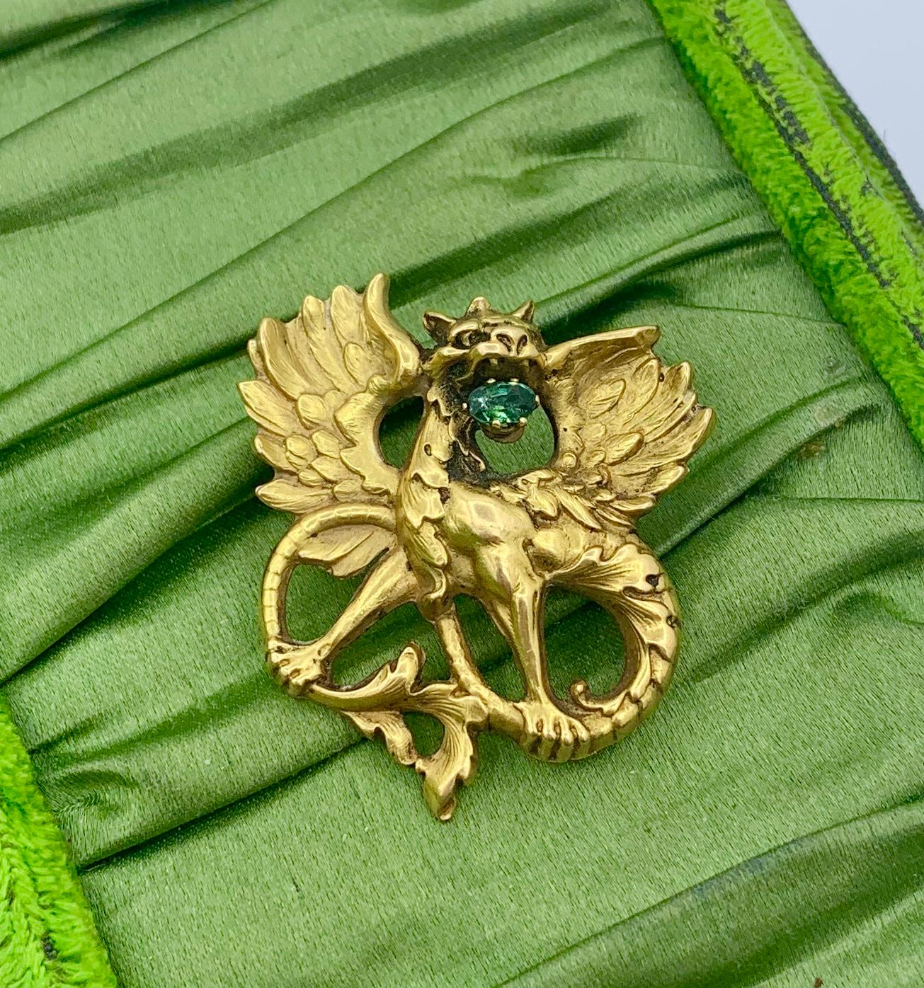 Belle Époque Griffin Dragon Demantoid Green Garnet Pendant Brooch Belle Epoque 18 Karat Gold