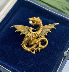 Griffin Dragon Pearl Pendant Brooch French Belle Epoque 18 Karat Gold France