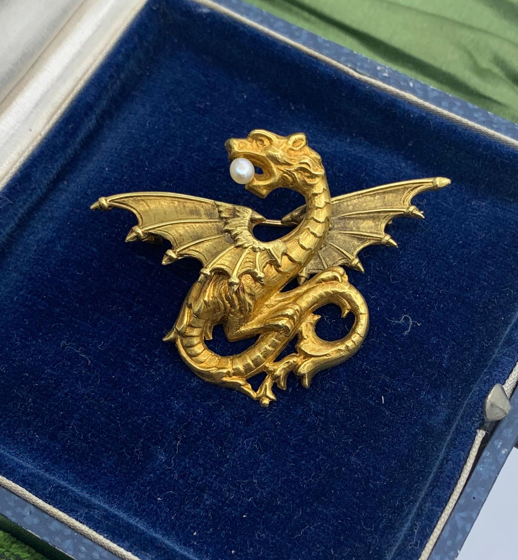 Belle Époque Griffin Dragon Pearl Pendant Brooch French Belle Epoque 18 Karat Gold France