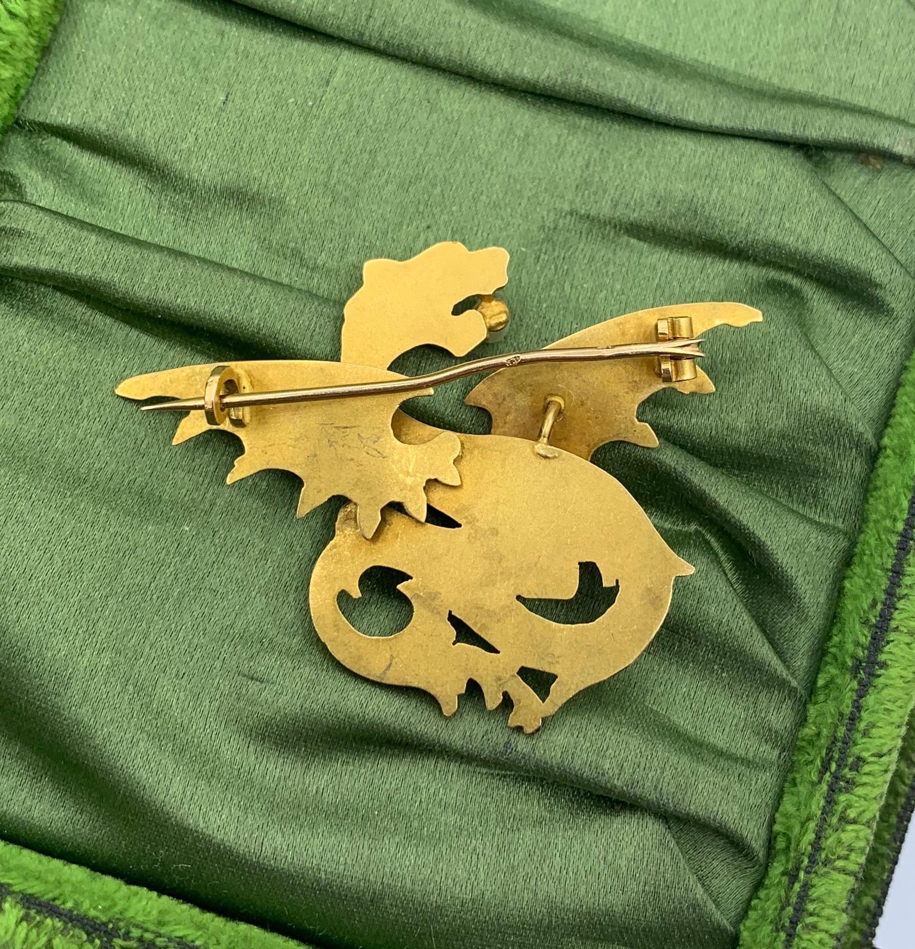 Women's or Men's Griffin Dragon Pearl Pendant Brooch French Belle Epoque 18 Karat Gold France