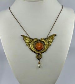 Griffin Dragon Pendant Necklace Art Nouveau Antique Jugendstil Art Glass 1900