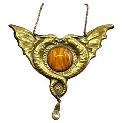 Griffin Dragon Pendant Necklace Art Nouveau Antique Jugendstil Art Glass 1900