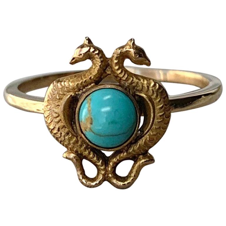 Griffin Dragon Seahorse Persian Turquoise Ring Antique Belle Epoque Gold For Sale