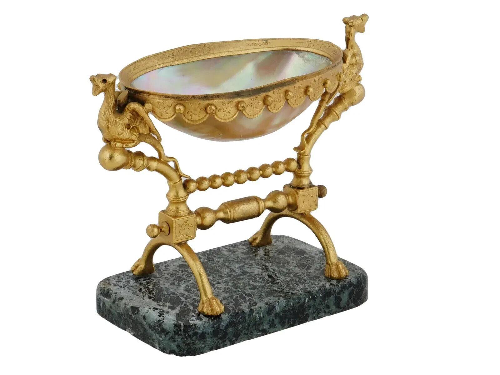 Griffin Patinated Bronze Pearl Dish On Stone Base For Sale
