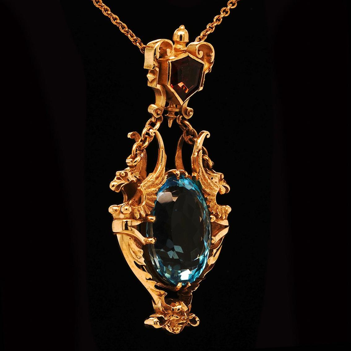28ct Oval Swiss Blue Topaz, Garnet 9k Yellow Gold Antique Style Pendant Necklace For Sale 6