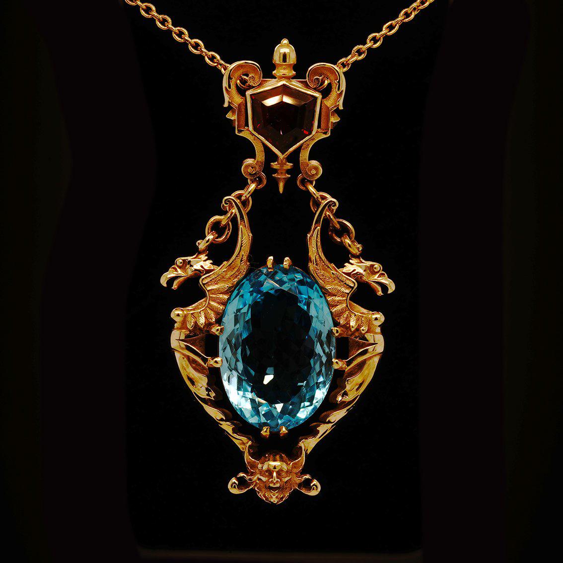 28ct Oval Swiss Blue Topaz, Garnet 9k Yellow Gold Antique Style Pendant Necklace For Sale 8