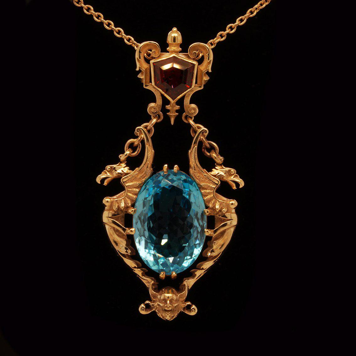 28ct Oval Swiss Blue Topaz, Garnet 9k Yellow Gold Antique Style Pendant Necklace For Sale 9