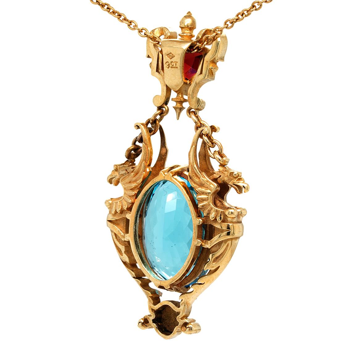 Victorian 28ct Oval Swiss Blue Topaz, Garnet 9k Yellow Gold Antique Style Pendant Necklace For Sale