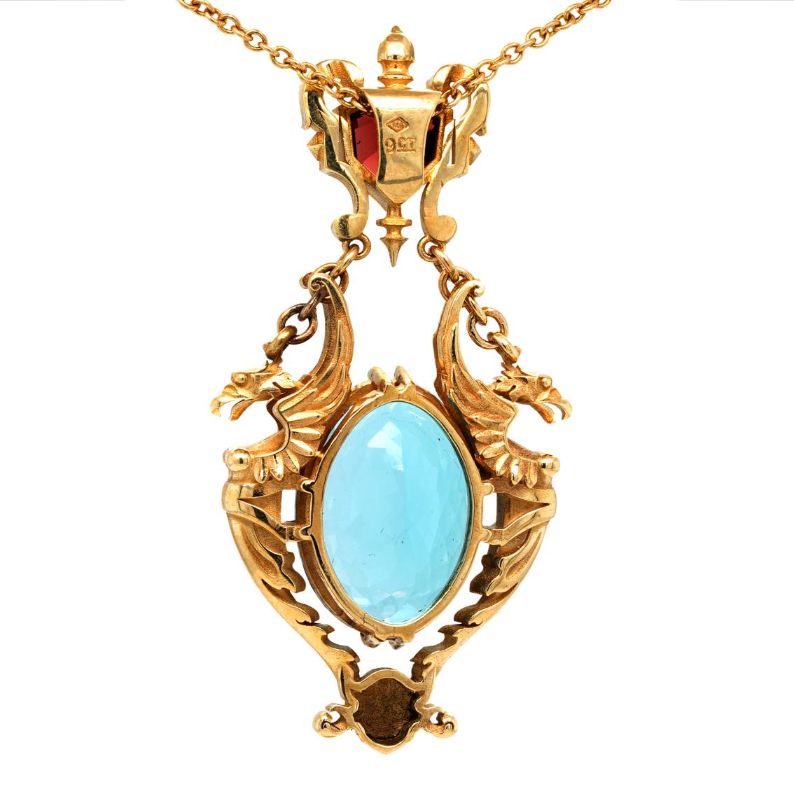 Oval Cut 28ct Oval Swiss Blue Topaz, Garnet 9k Yellow Gold Antique Style Pendant Necklace For Sale