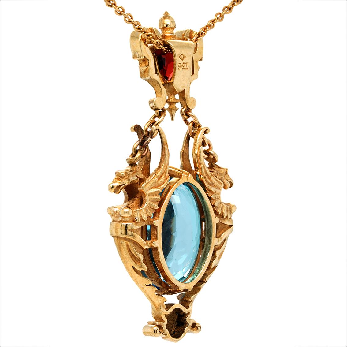 28ct Oval Swiss Blue Topaz, Garnet 9k Yellow Gold Antique Style Pendant Necklace In New Condition For Sale In Melbourne, Vic