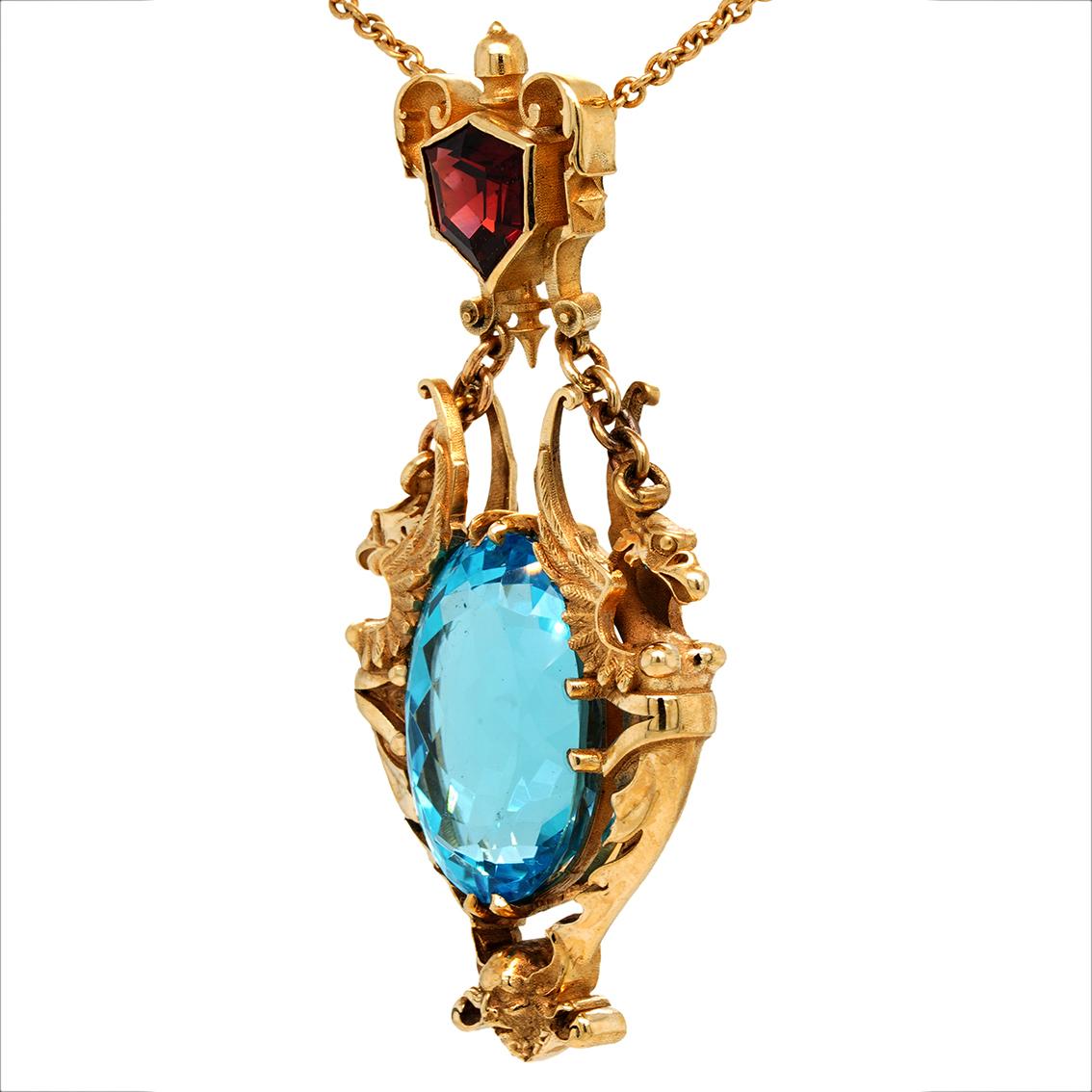 28ct Oval Swiss Blue Topaz, Garnet 9k Yellow Gold Antique Style Pendant Necklace For Sale 2