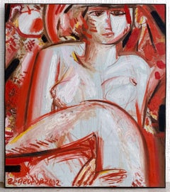Female Nude Painting Oil Canvas Expressionism Contemporary Red Art Grigorov V.