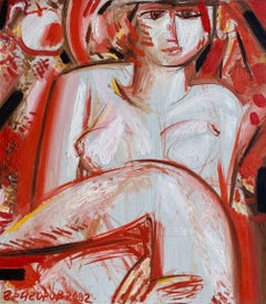 Female Nude Painting Oil Canvas Expressionism Contemporary Red Art Grigorov V.