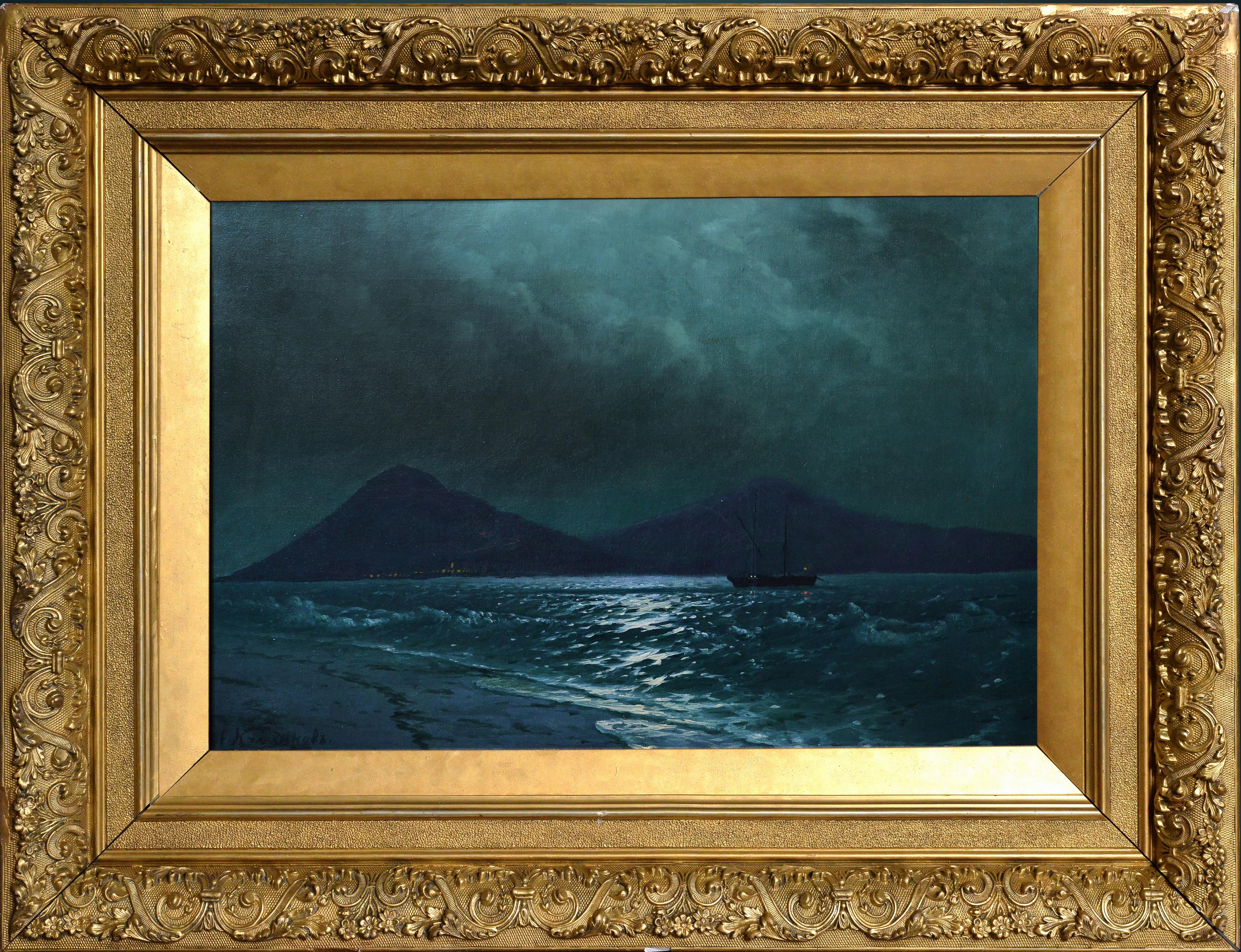 Seascape Moonlit view of Crimean bay 19th century Russian master Oil Painting For Sale 7