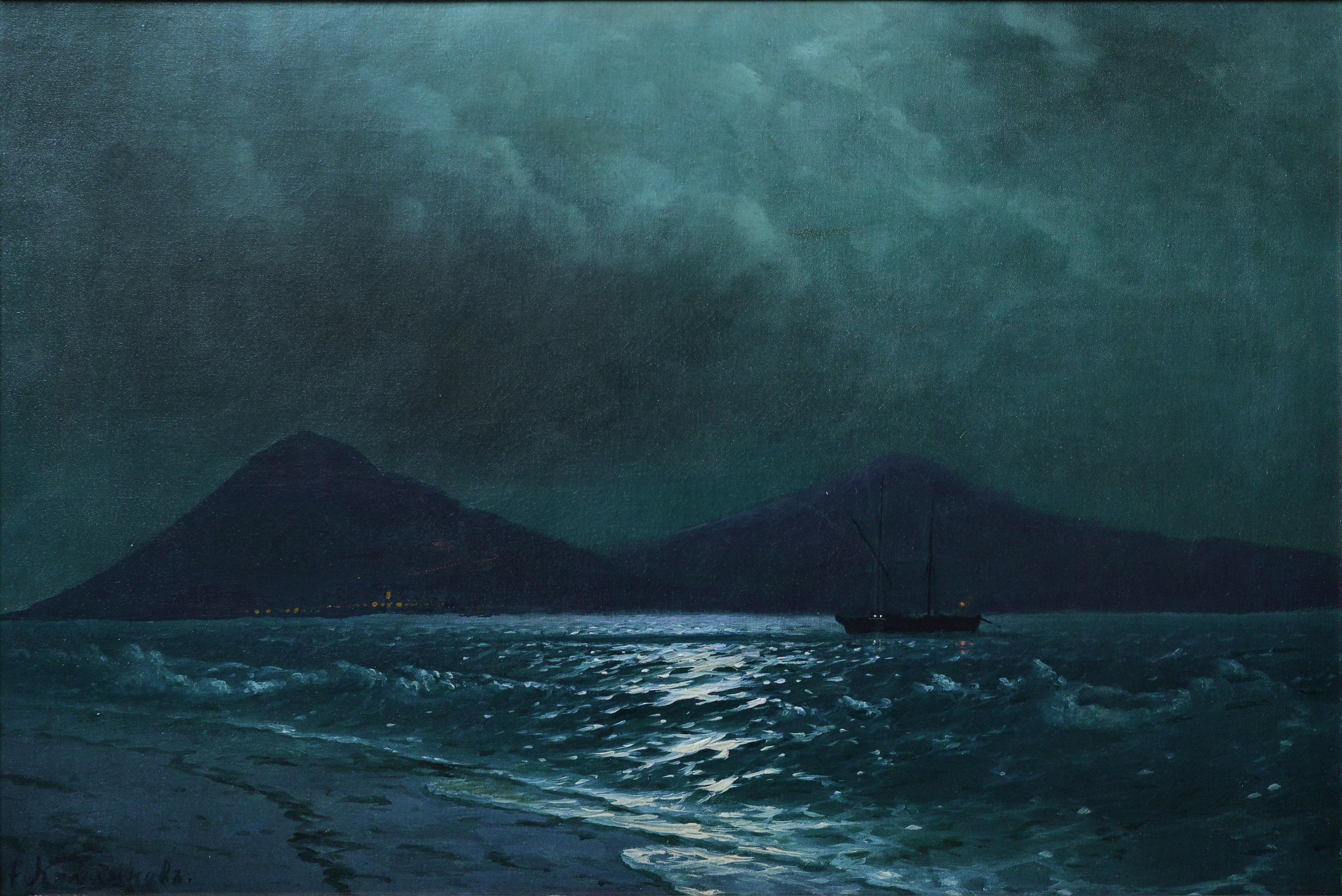 Meereslandschaft, Mondbeleuchtete Ansicht der Krim-Schlucht, Ölgemälde eines russischen Meisters, 19. Jahrhundert – Painting von Grigory Odisseevich Kalmykov