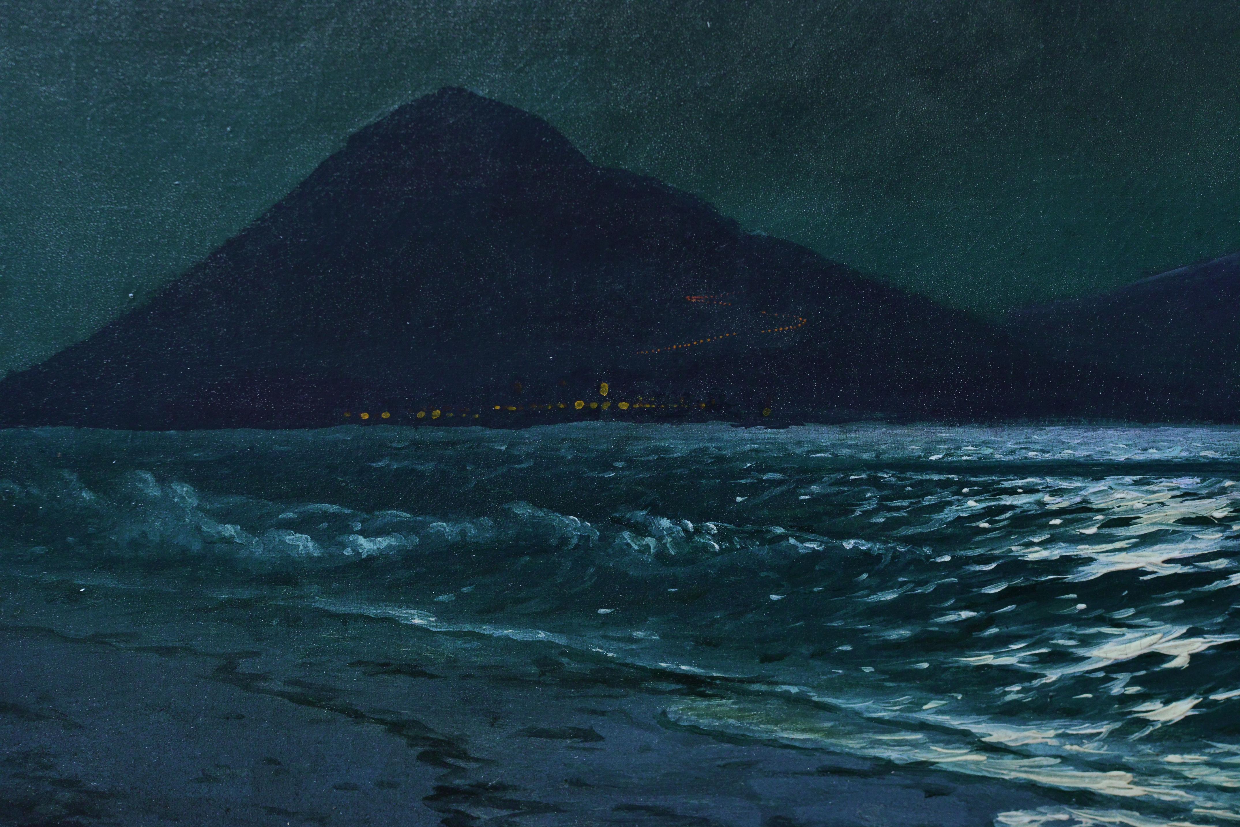 Signed lower left: 'G. Kalmykov' - attributed Grigory Odisseevich Kalmykov (1873 - 1942), Russian landscape painter, graduate of the Imperial Academy of Arts. Spectacular Crimean Coastal moonlit view. The artist visually divides the painting into