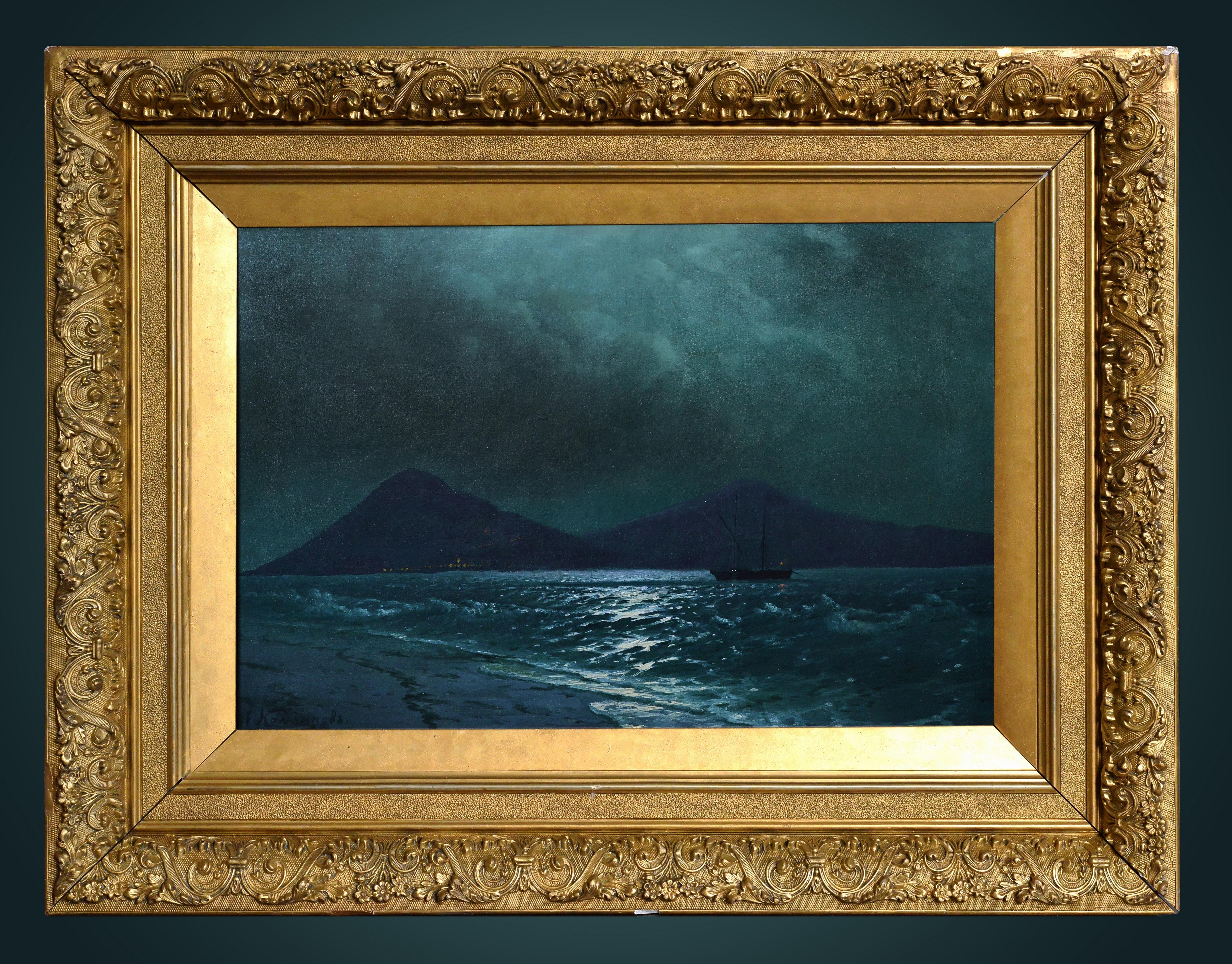 Meereslandschaft, Mondbeleuchtete Ansicht der Krim-Schlucht, Ölgemälde eines russischen Meisters, 19. Jahrhundert