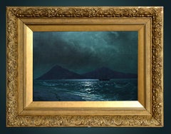 Seascape Moonlit view of Crimean bay 19th century Russian master Oil Painting