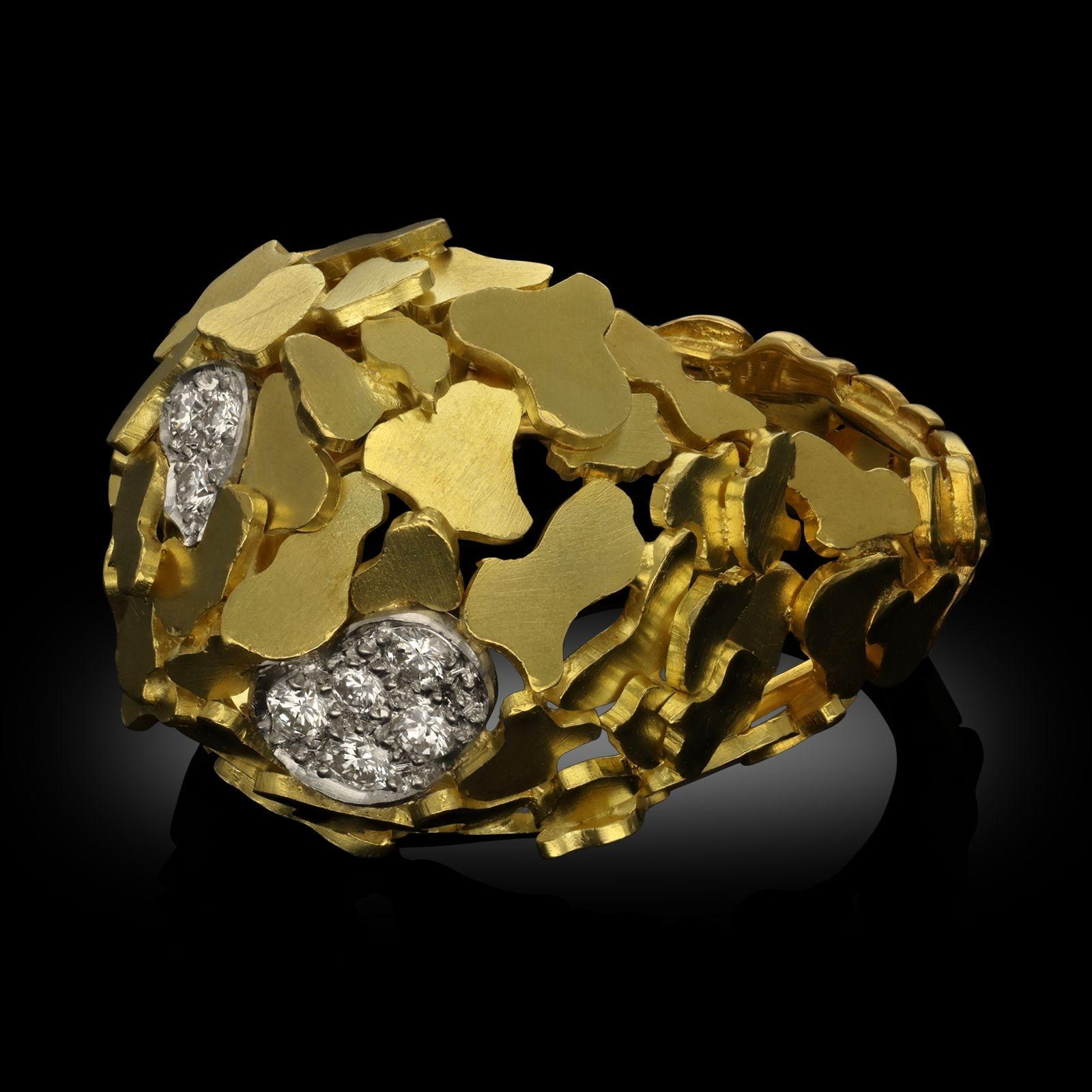Round Cut Grima 1967 Vintage 18ct Yellow Gold And Diamond Bombe-Style Dress Ring For Sale