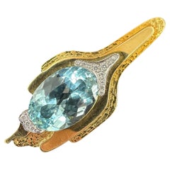 Vintage Grima  Aquamarine Diamond Brooch 18k Yellow Gold