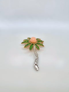 Grima & Co 18k Gold, Diamond, Coral and Enamel Flower Brooch