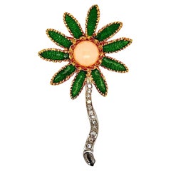 Grima & Co 18k Gold, Diamond, Coral and Enamel Flower Brooch