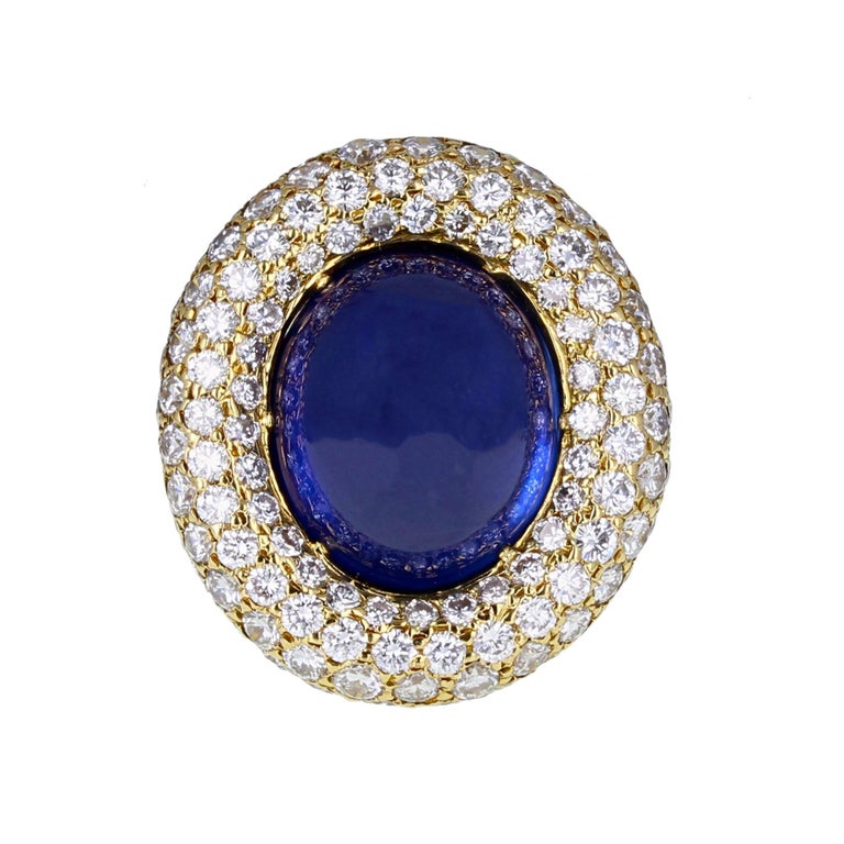 Modern Grima Gold Sugarloaf Cabochon Sapphire Pavé Diamond Cocktail Ring For Sale