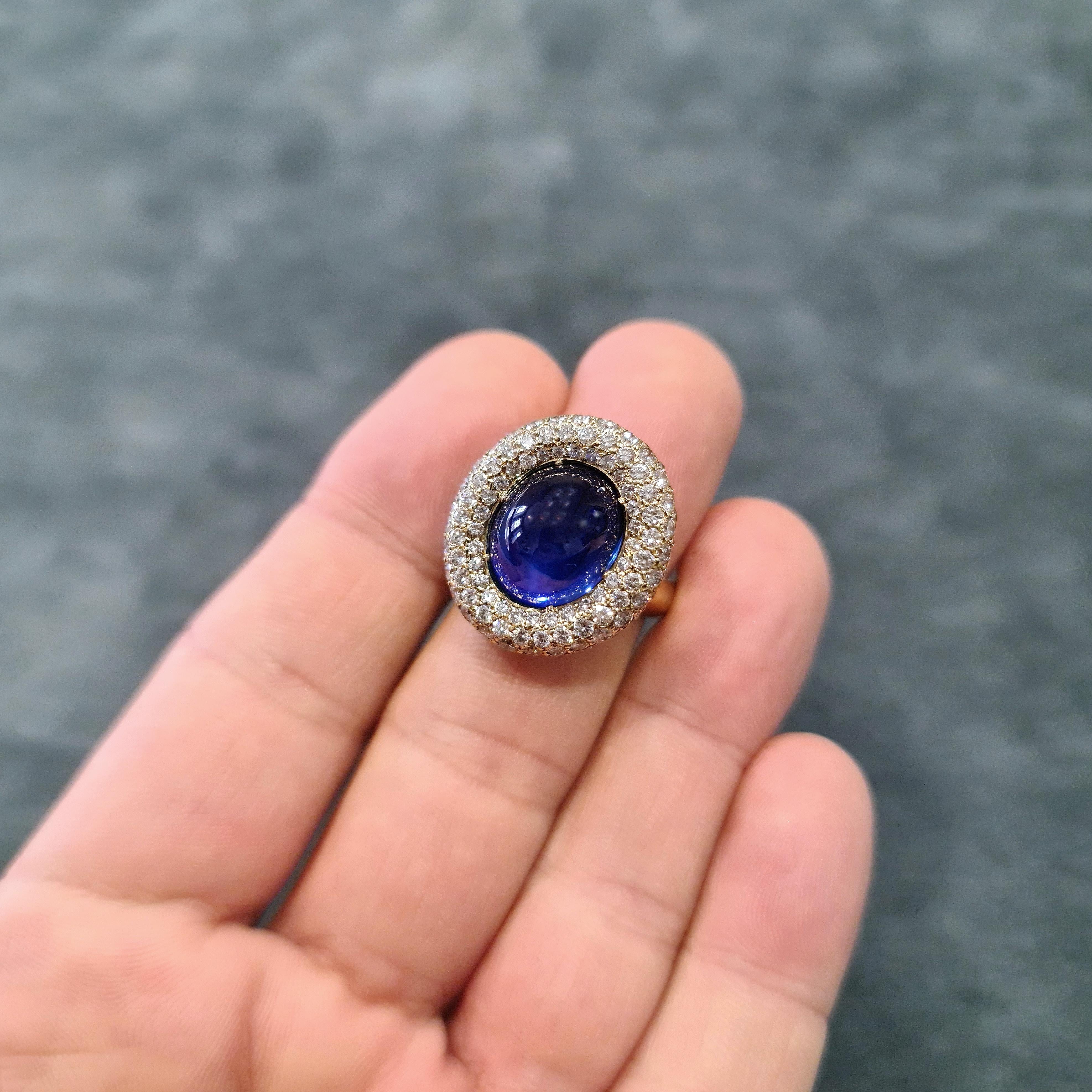 Grima Gold Sugarloaf Cabochon Sapphire Pavé Diamond Cocktail Ring In Excellent Condition For Sale In Newcastle Upon Tyne, GB
