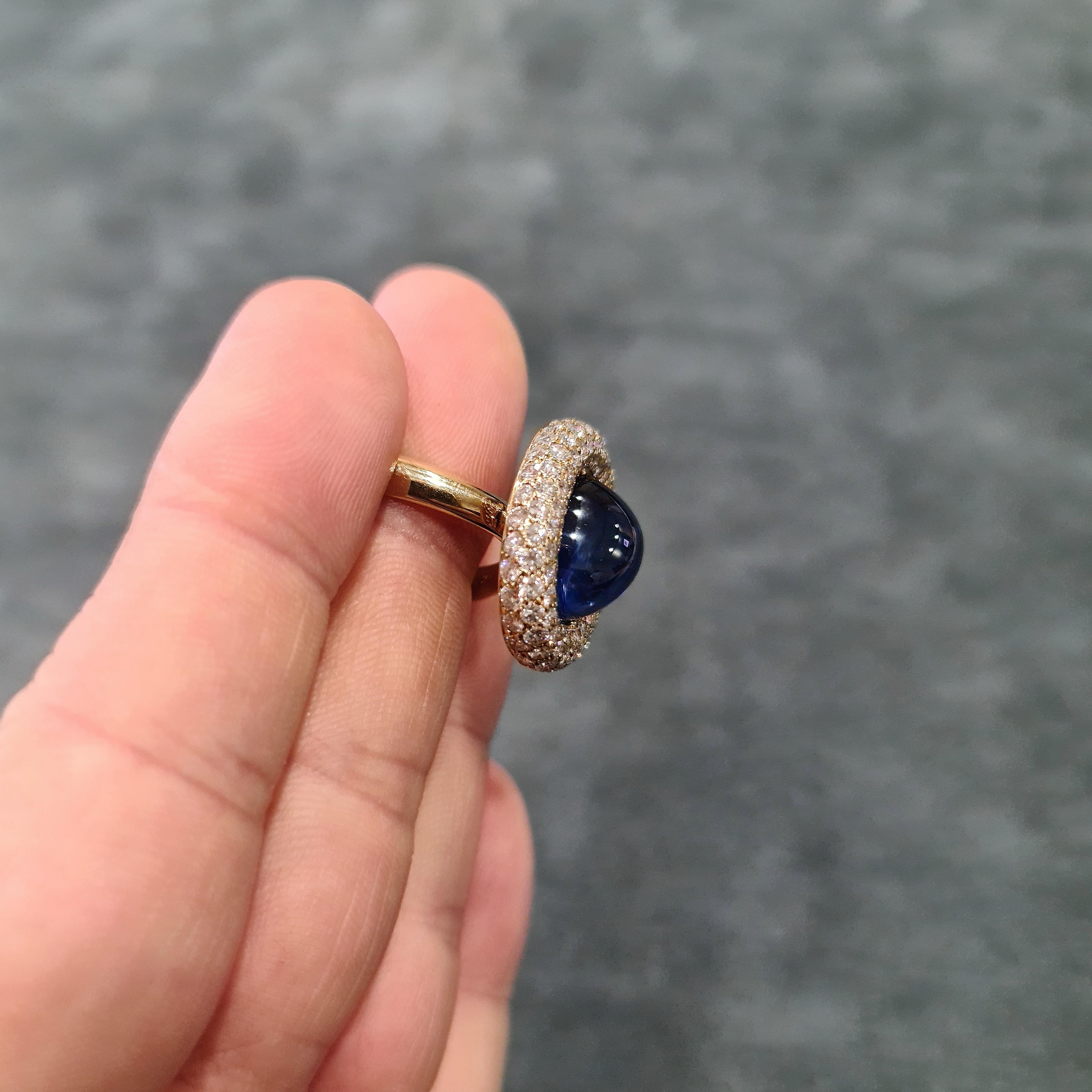 Women's or Men's Grima Gold Sugarloaf Cabochon Sapphire Pavé Diamond Cocktail Ring For Sale