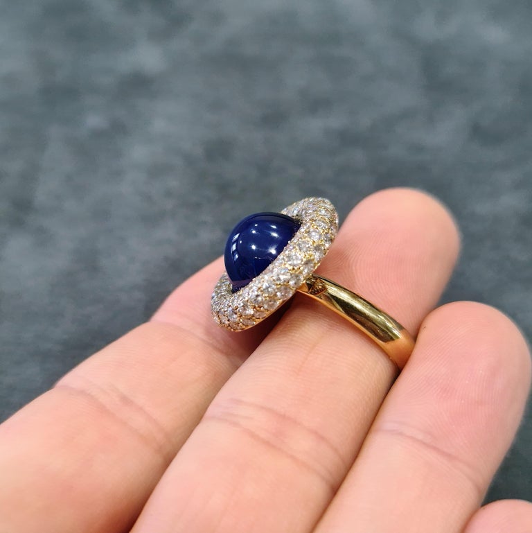 Grima Gold Sugarloaf Cabochon Sapphire Pavé Diamond Cocktail Ring For Sale 2