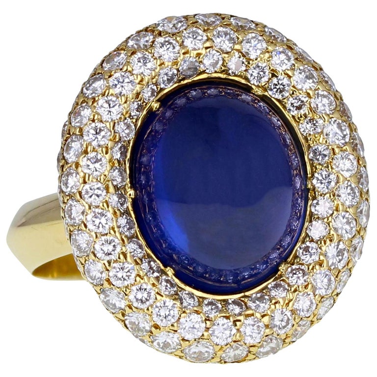 Grima Gold Sugarloaf Cabochon Sapphire Pavé Diamond Cocktail Ring For Sale
