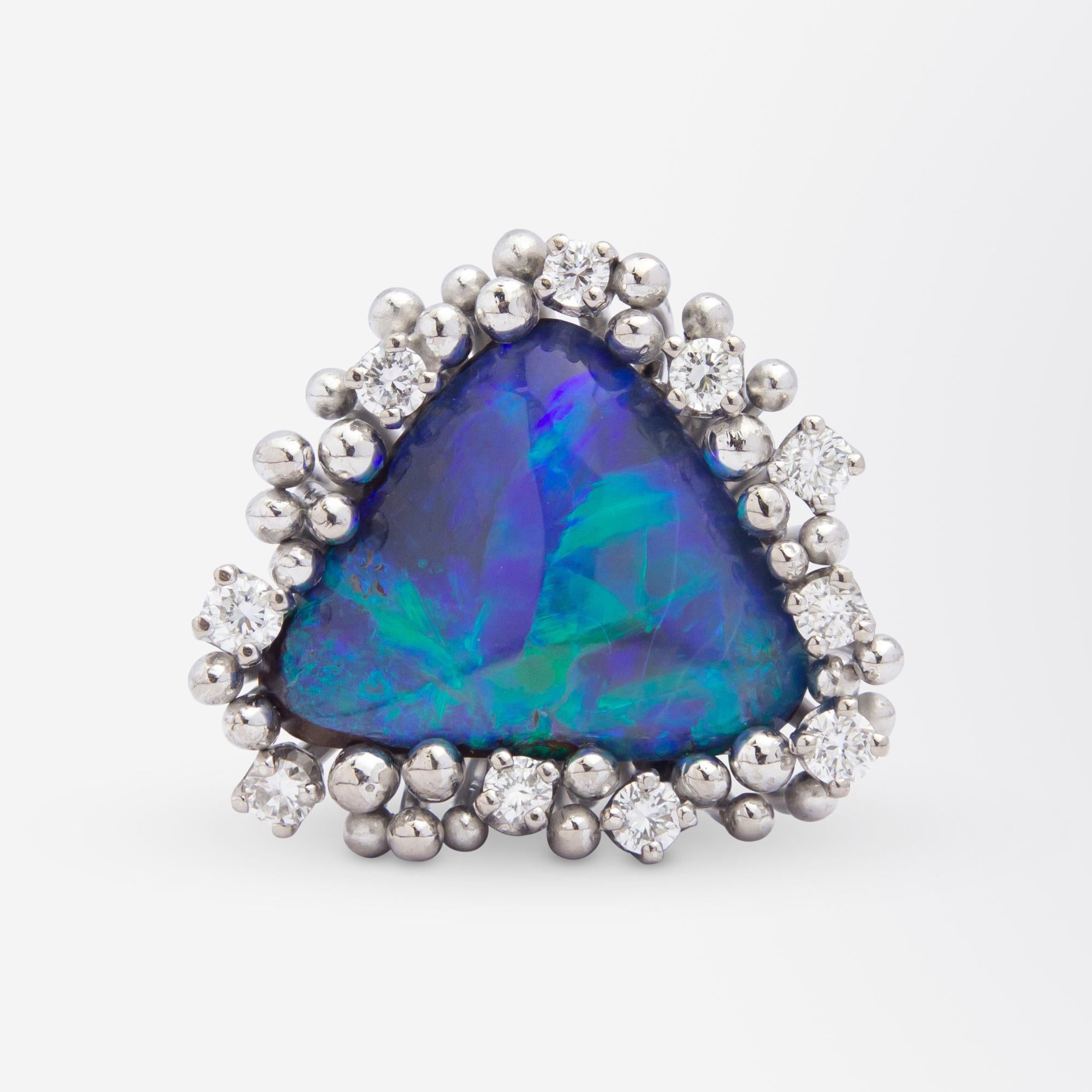 Modernist Grima Ring in 18 Karat White Gold With an Opal & Diamonds